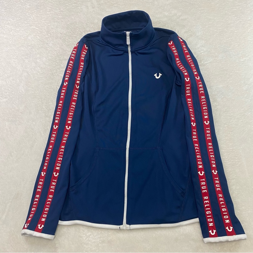 True Religion Jacket Womens Size Large Blue Navy Track Suit Full Zip Striped